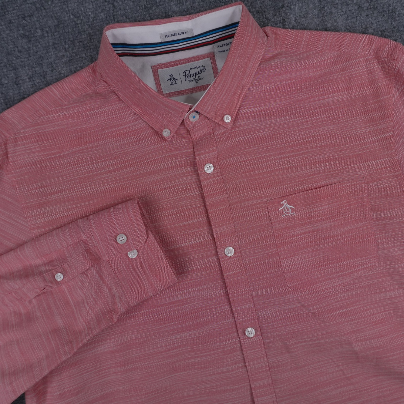 Original Penguin Button Up Shirt Mens Xl Salmon Pink Heritage Slim Fit Long Slv